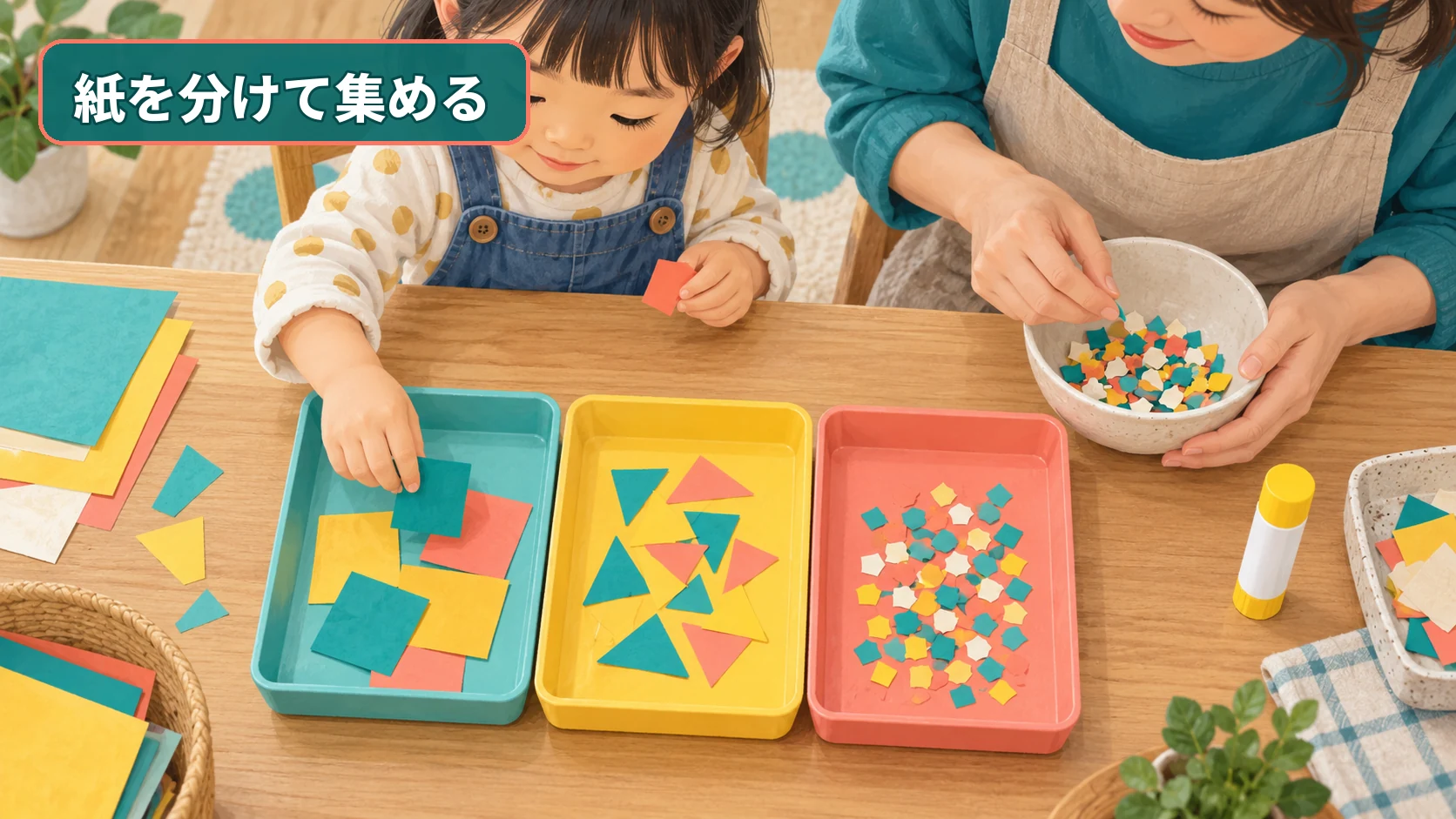 切った色紙を大きさや形ごとに三つのトレーへ分ける子ども