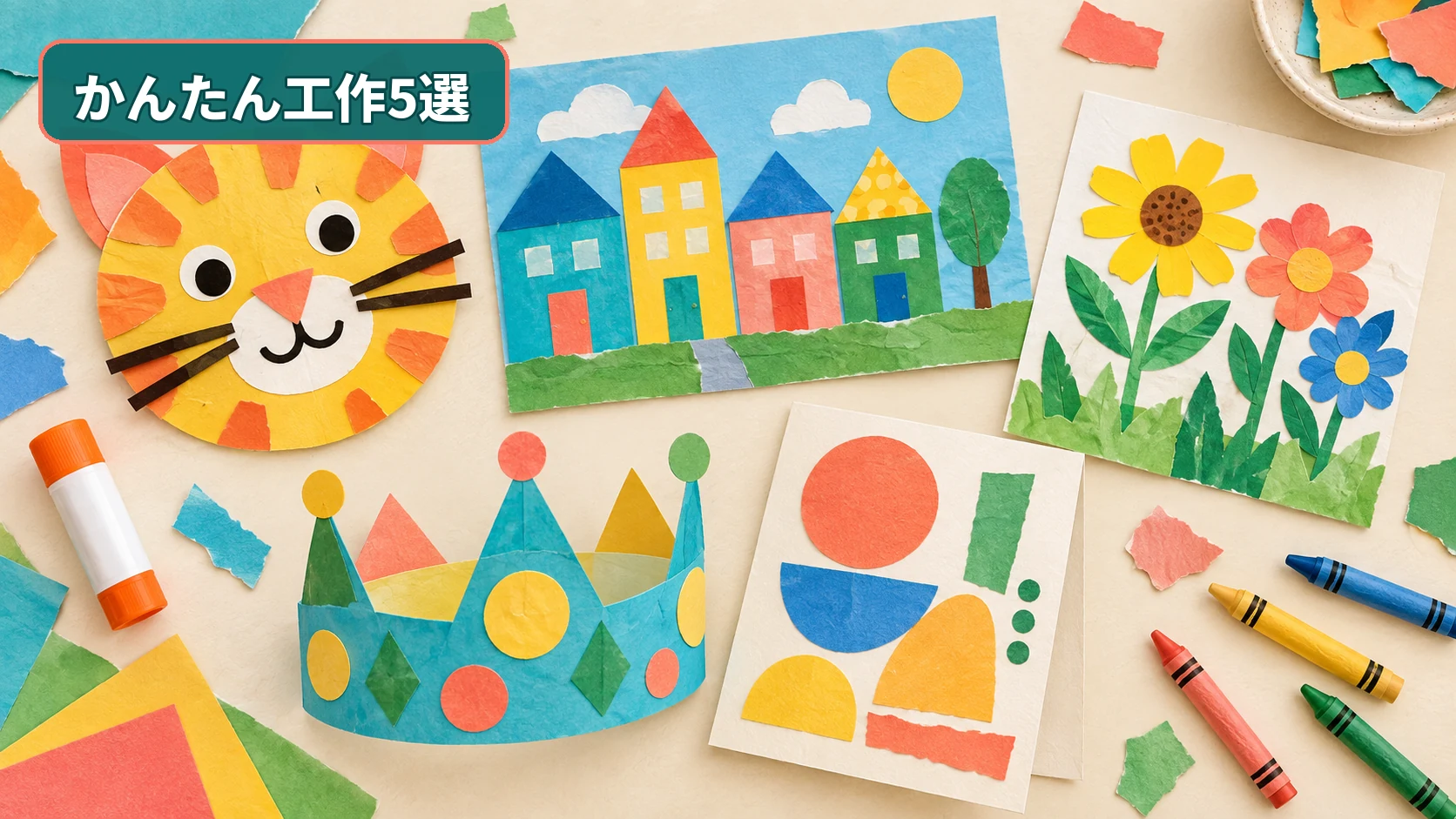 切った紙から作った動物の顔、町、花畑、冠、形カードの五つの工作