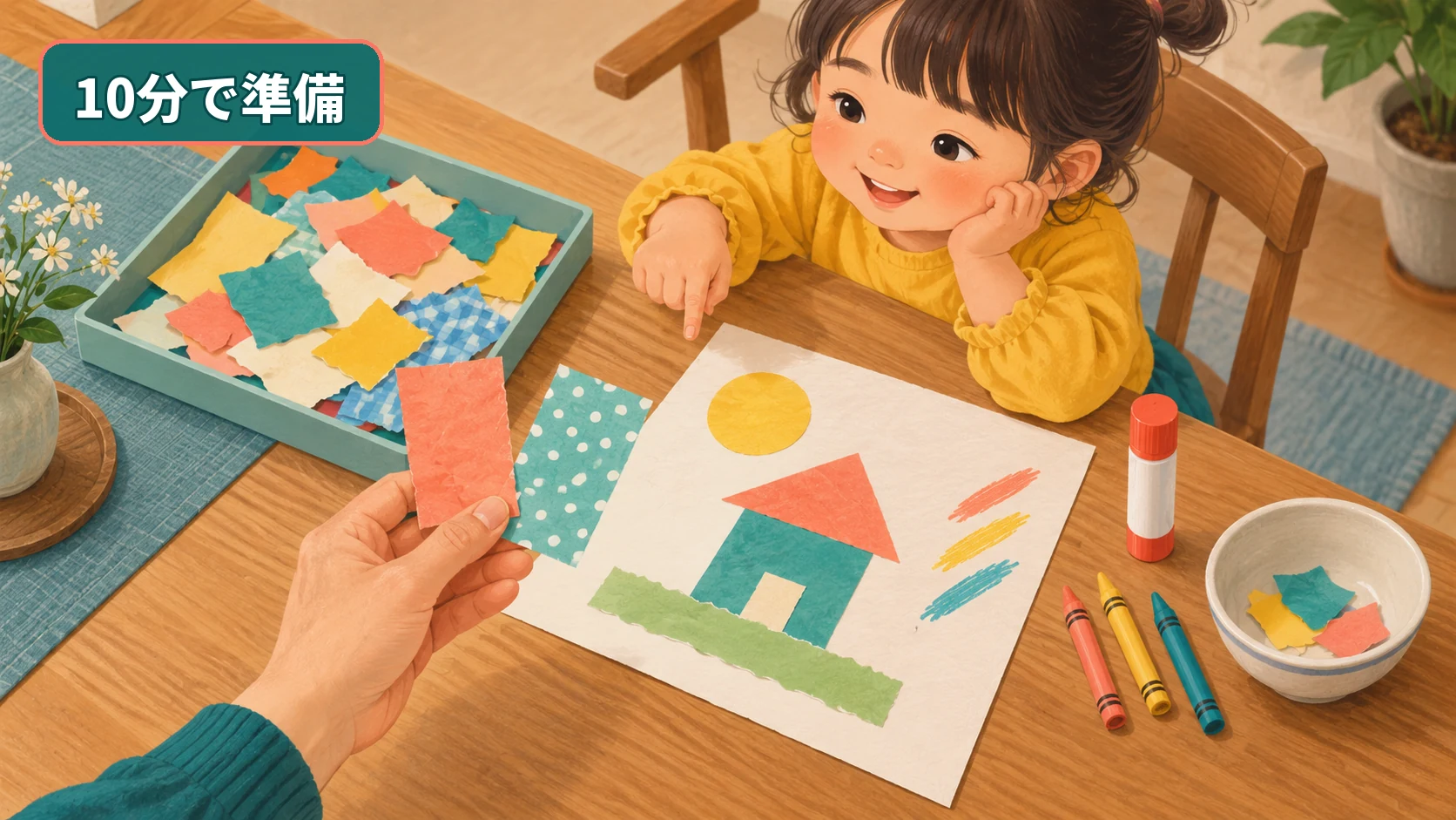 台紙、紙片、のり、クレヨンだけを用意した子どもの簡単工作セット