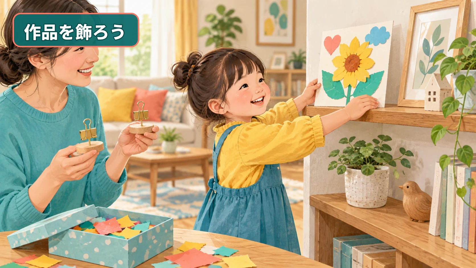 切った紙で作った花の工作を飾り残りの紙片を箱へ片づける親子