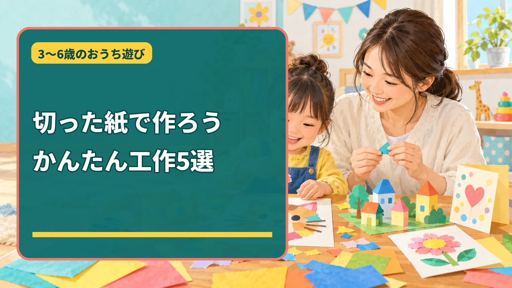 切った色紙を使って簡単工作を楽しむ3〜6歳の子どもと保護者