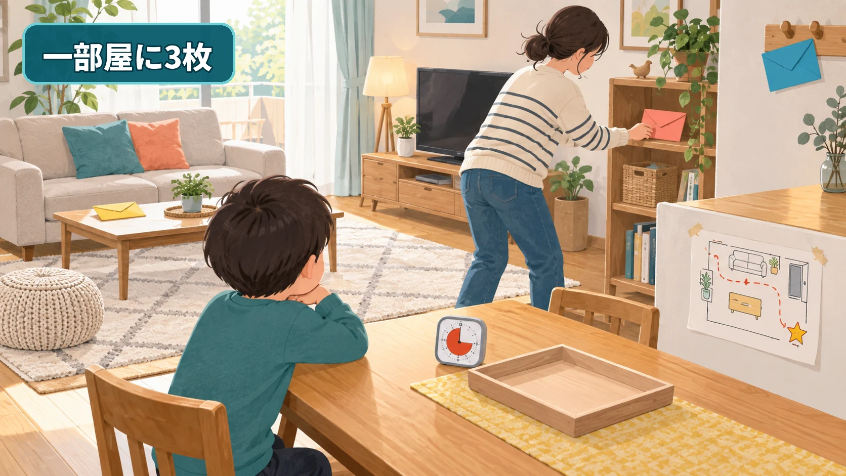 保護者が一つの部屋に三枚の封筒と簡単な地図を準備する様子