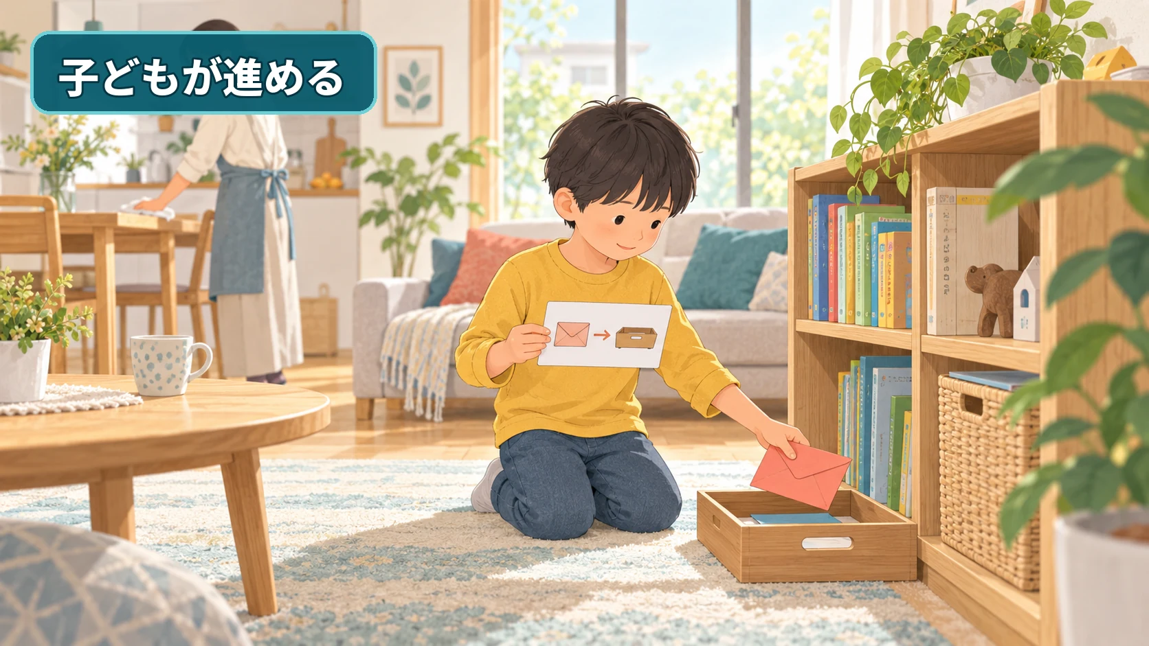 小学生がルールカードを確認して室内の封筒を自分で探す様子