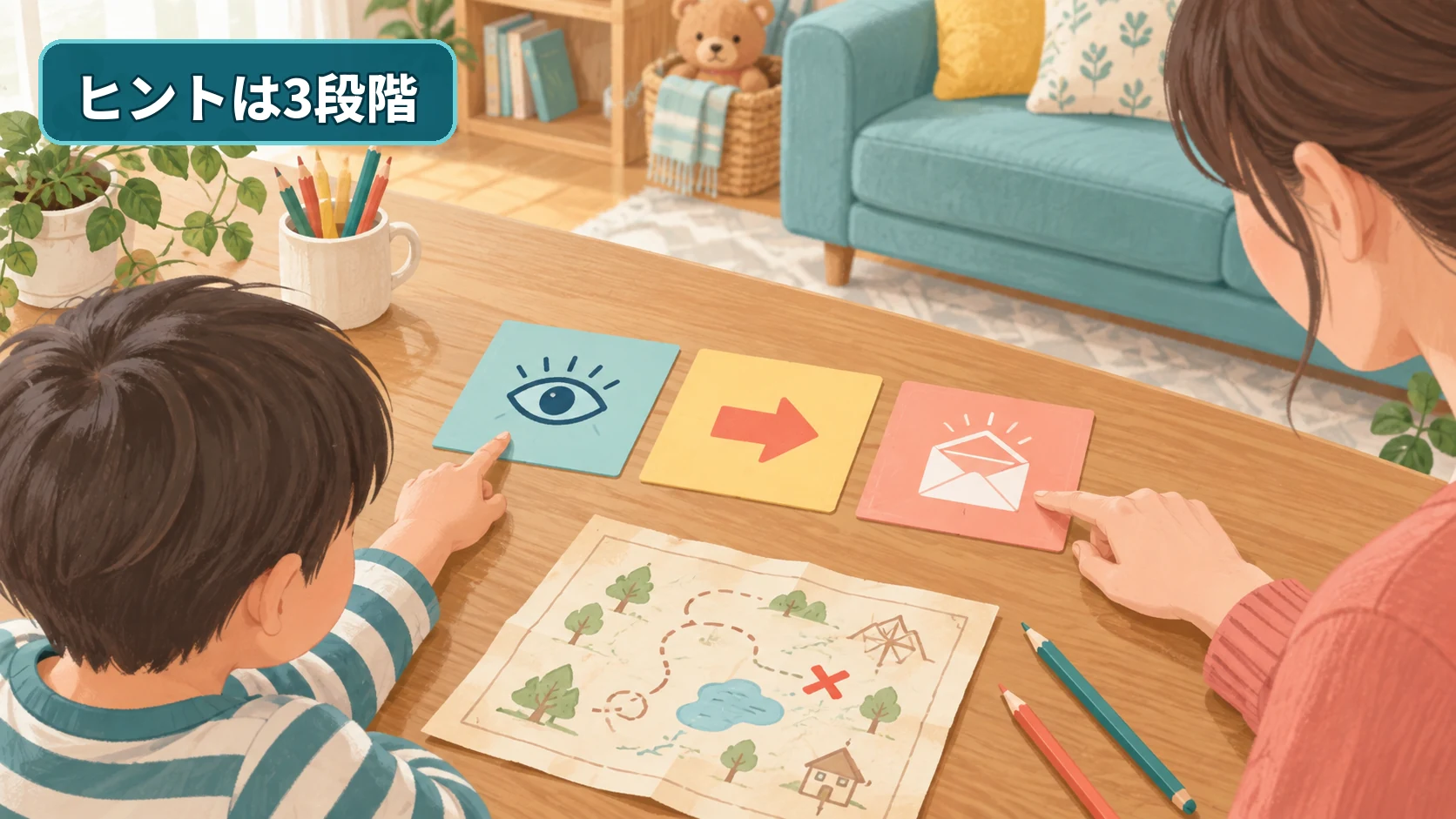 目と矢印と封筒の絵で三段階のヒントを示したカード