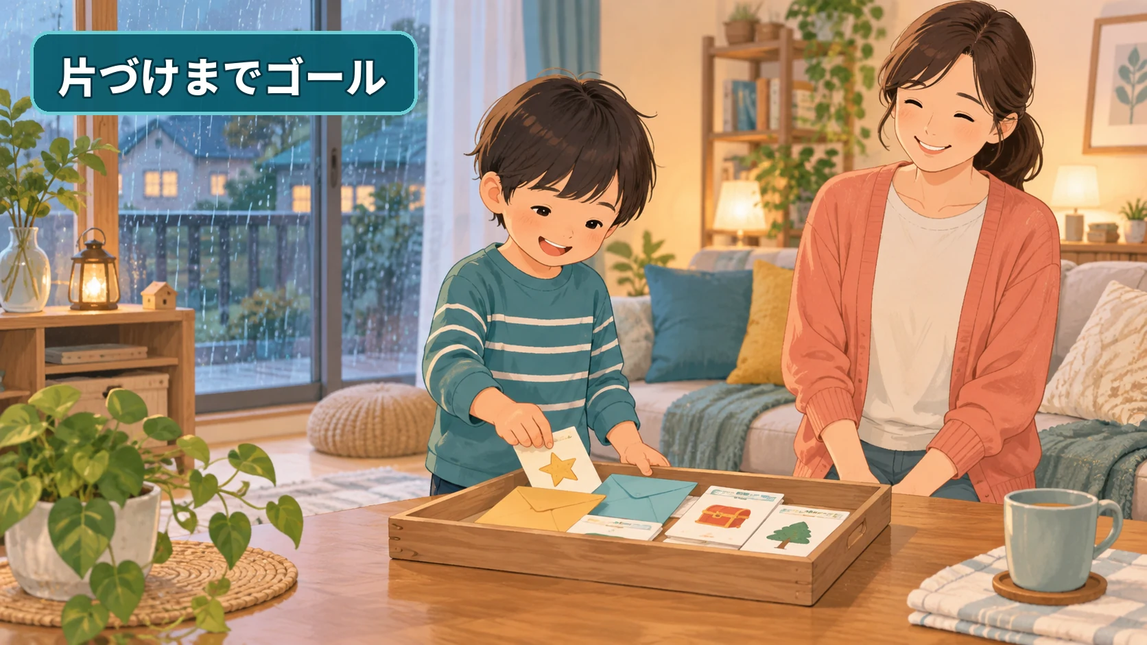 宝探しを終えた子どもが封筒とカードをトレーへ片づける様子