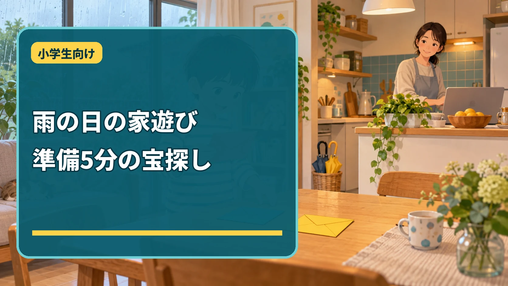雨の日に室内宝探しを始める小学生と近くで見守る保護者