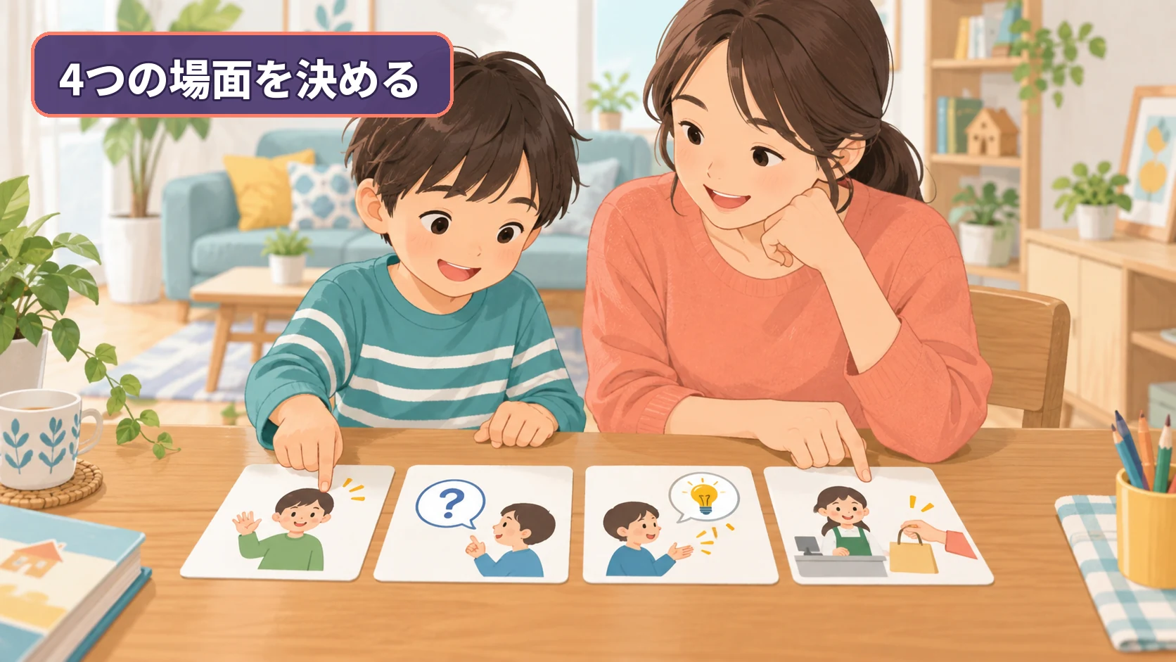 小学生と保護者が接客の四場面を表すカードを並べる様子