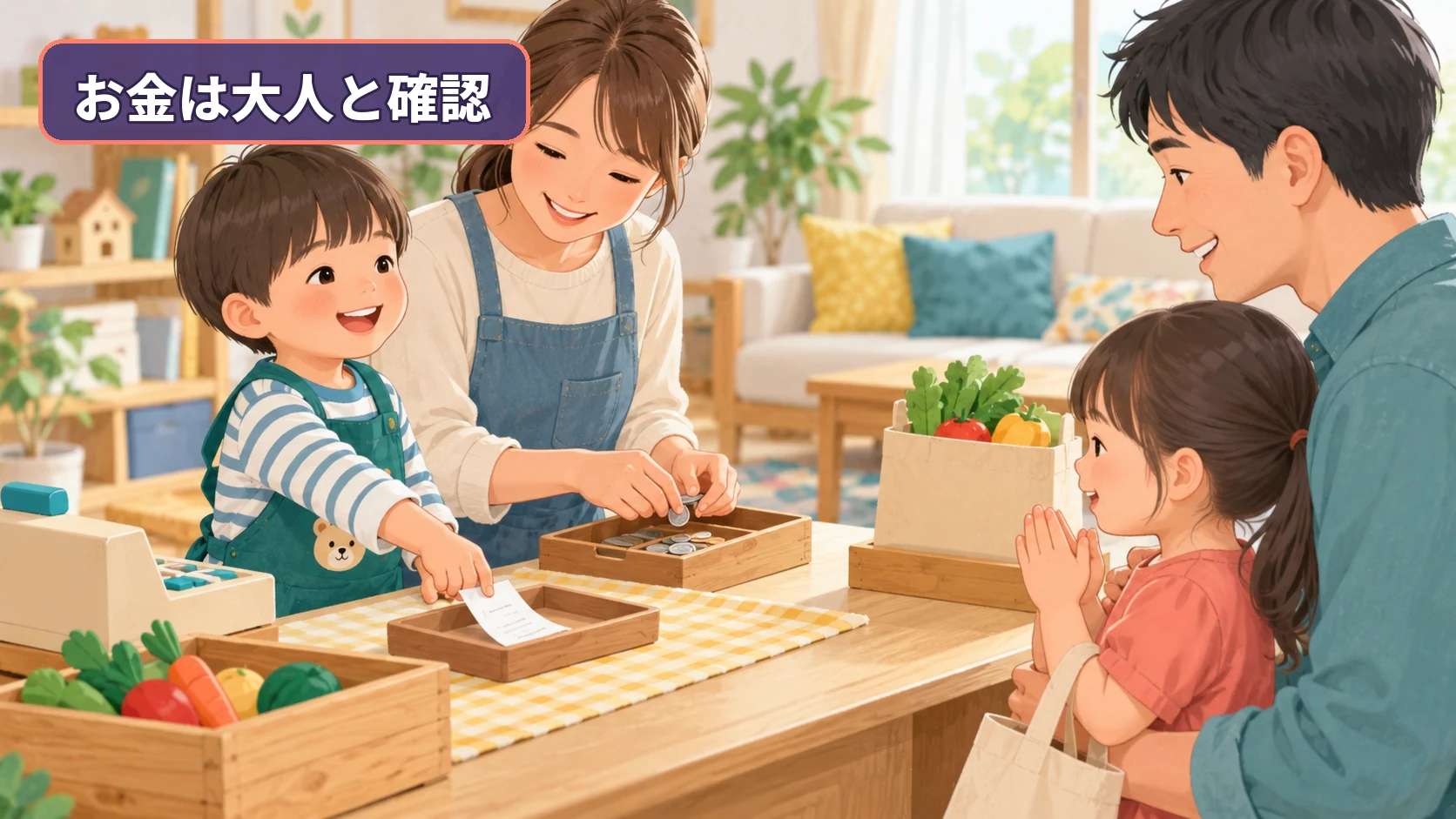 小学生が家族客へ商品を渡し保護者と一緒に会計を確認する様子