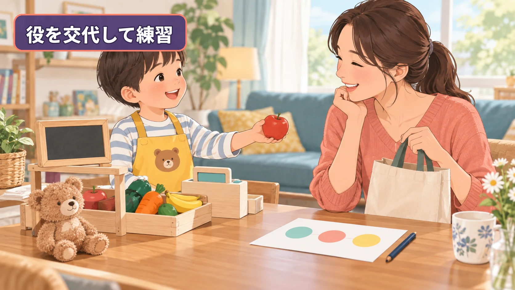 親子で店員役と家族客役を交代して接客を練習する様子