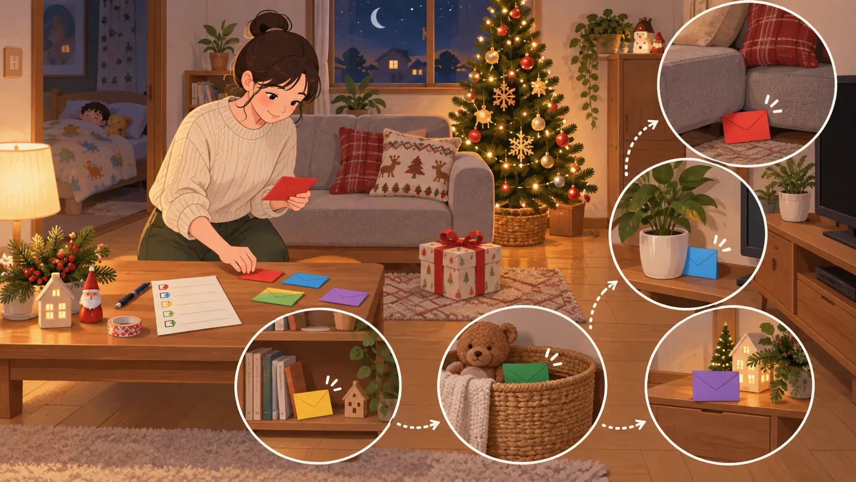 クリスマス前夜に保護者が五つの手がかりを安全な場所へ置く様子