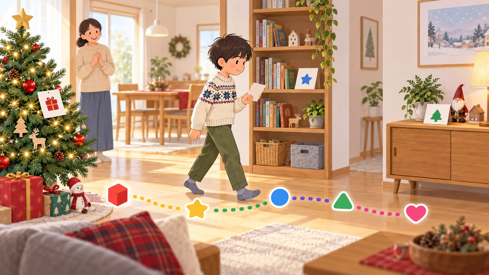 クリスマスの宝探しで室内を歩いて次の手がかりを探す子ども