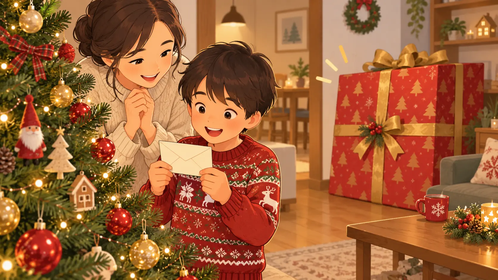 最後の封筒を見つけて大きなクリスマスプレゼントを受け取る子ども