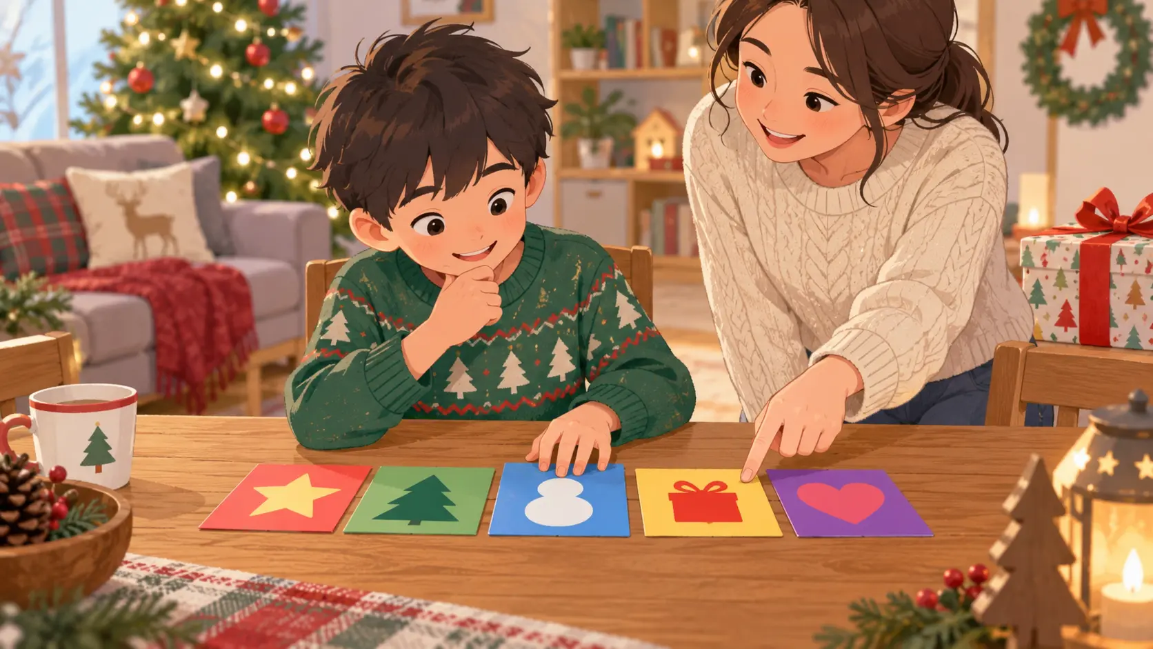 五つのカードを並べながら保護者の段階的なヒントで最後の答えを考える子ども