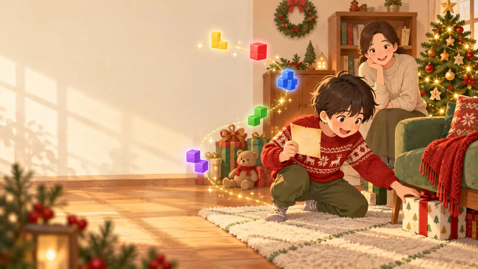 クリスマスの朝に手がかりを持ってプレゼントを探す9〜10歳の子ども