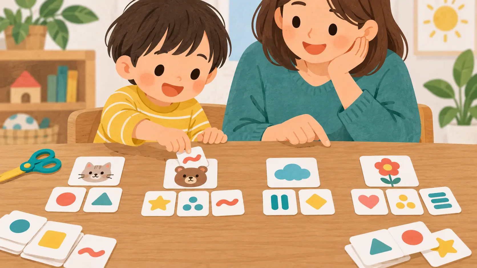 二枚と三枚の文字カードを絵カードと一緒に分ける親子