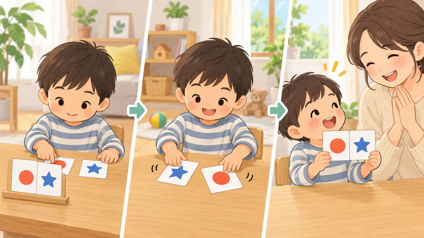 見本を見て文字カードを選び並べて声に出す三段階の遊び