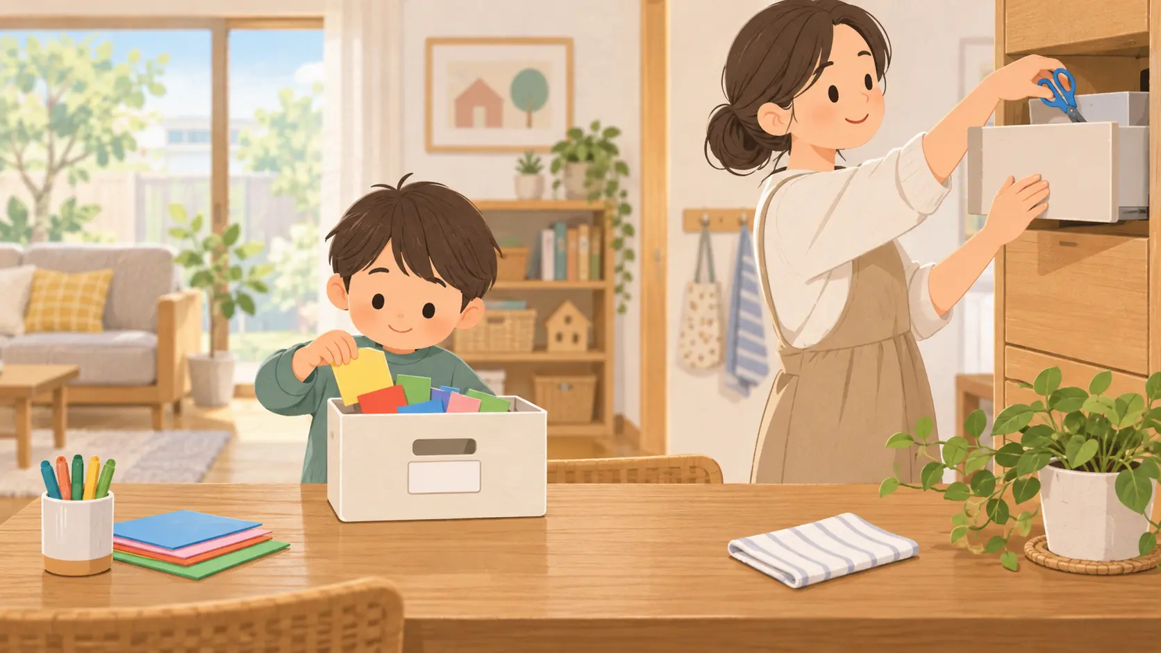 文字カードを箱へ戻し保護者がはさみを高い収納へ片づける様子