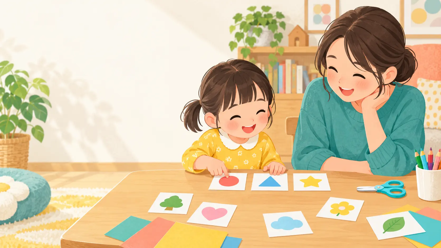 切った文字カードを親子で並べ替えて遊ぶ3〜6歳の子ども