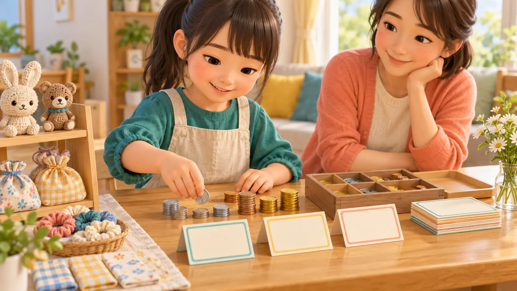 商品カードと硬貨を分けて会計の準備をする小学生と保護者