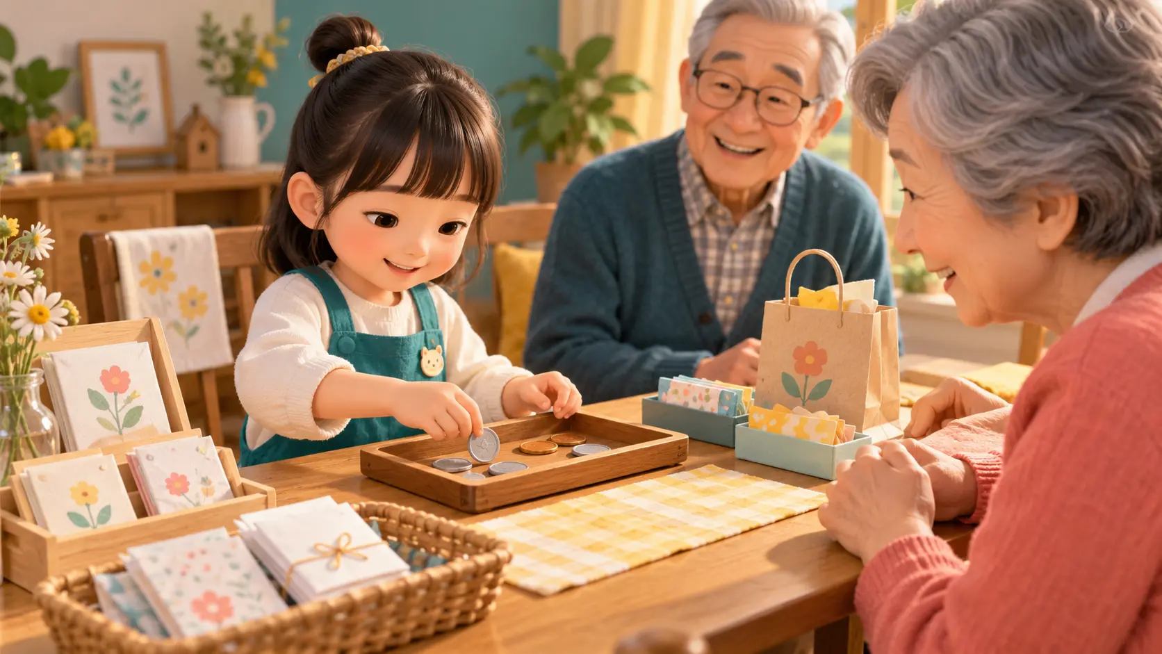 家族客へトレーを使っておつりを渡す小学生のお店屋さん