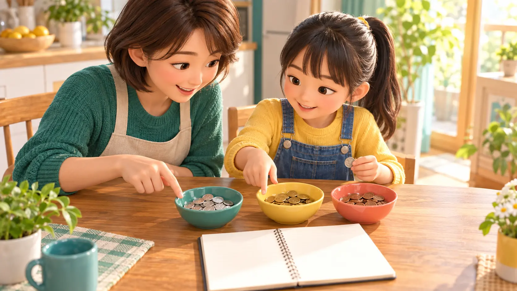 三つの硬貨入れを使って親子でおつりの計算を練習する様子