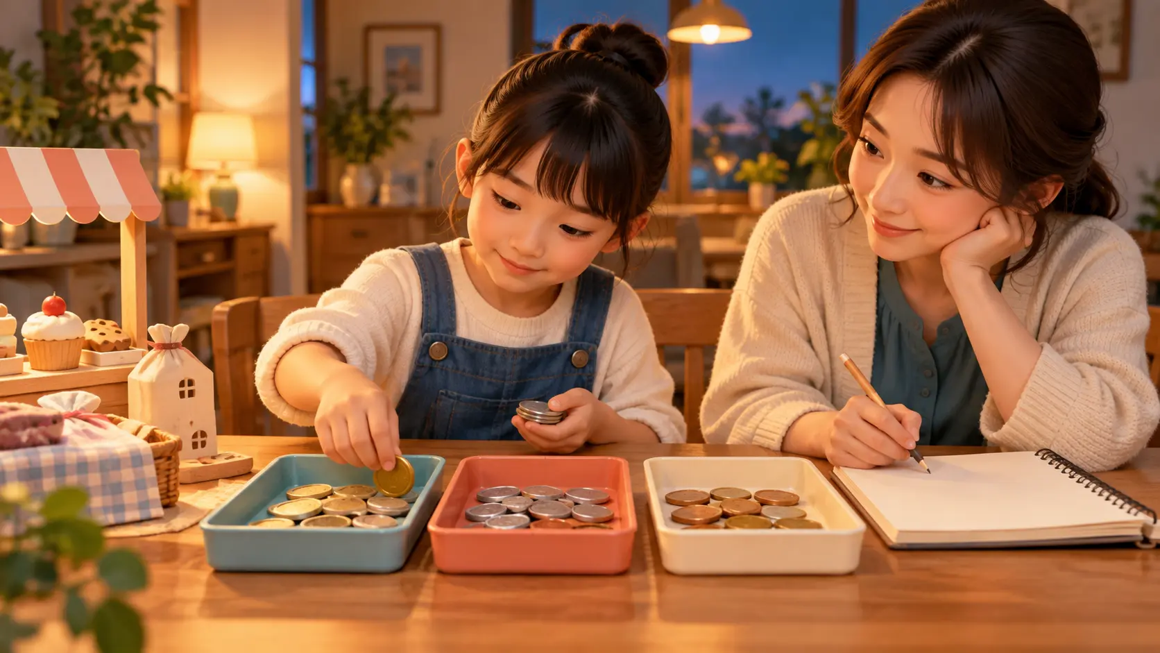 閉店後に三つのトレーへお金を分けて記録する小学生と保護者