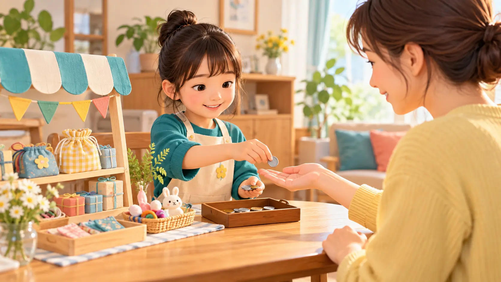 家族向けのお店屋さんごっこでおつりを渡す小学生