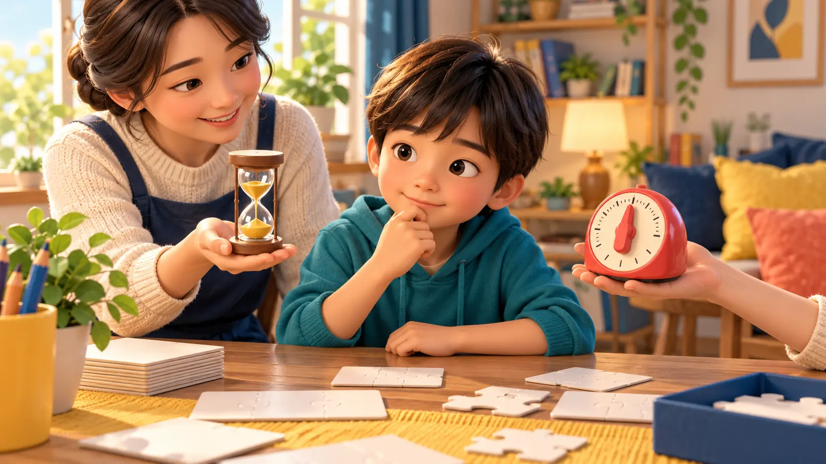砂時計とアナログタイマーから使い方を選ぶ小学生と保護者