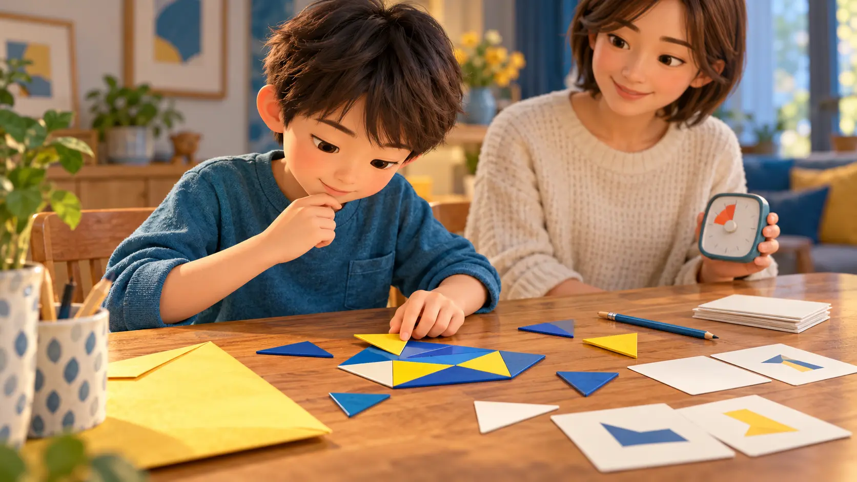 保護者がタイマーを管理しながら紙の謎解きへ集中する小学生