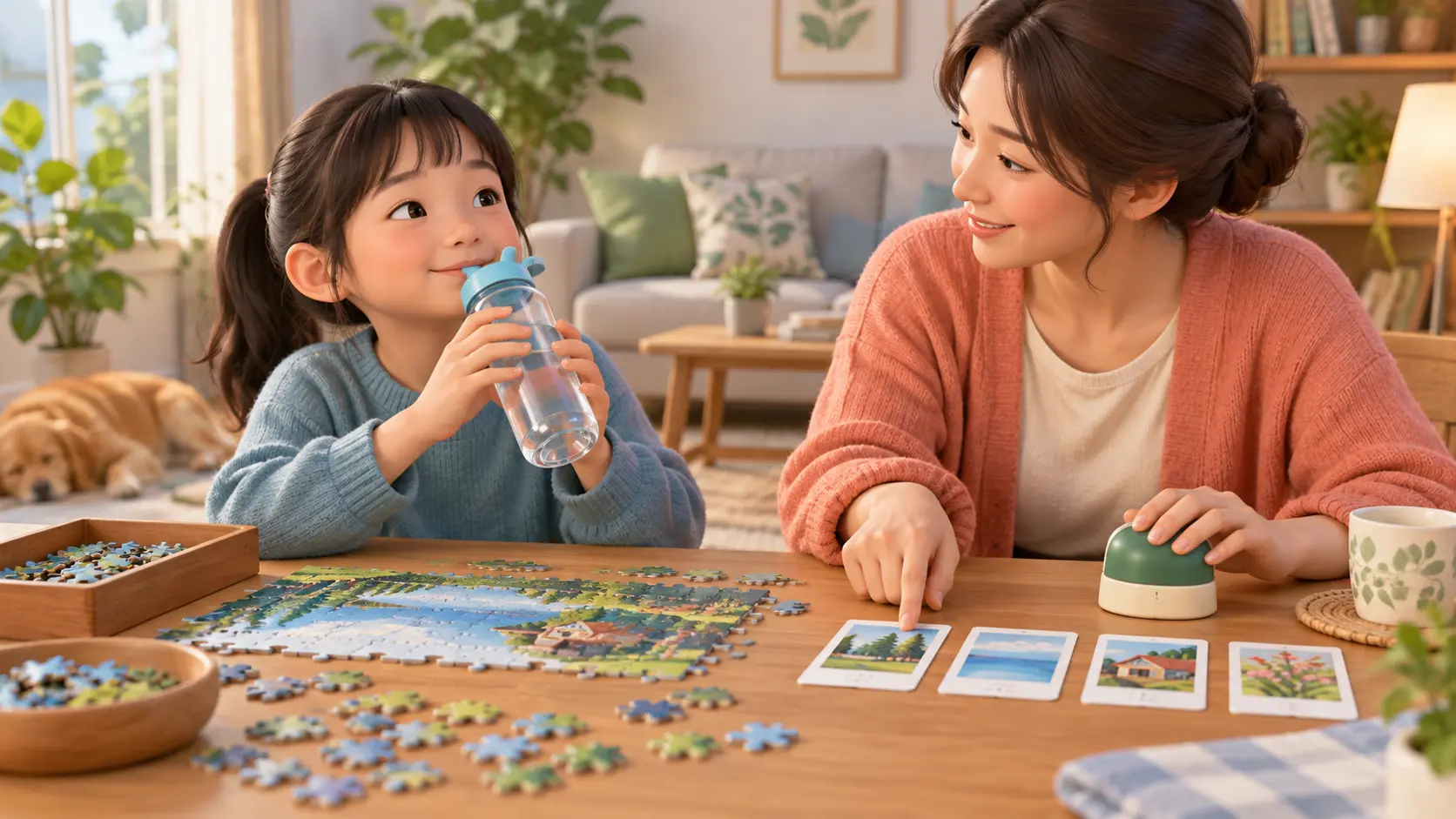 謎解きを一時停止して水分を取り保護者とヒントを確認する小学生