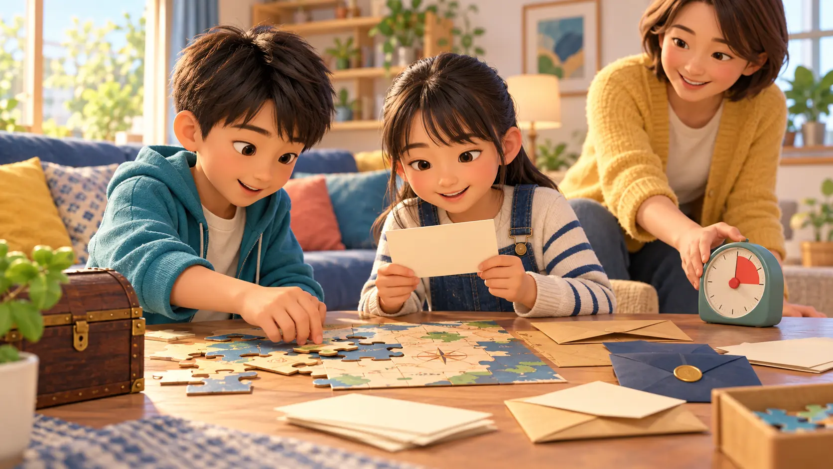 タイマーを脇に置き役割を分けて謎解きに協力する二人の小学生