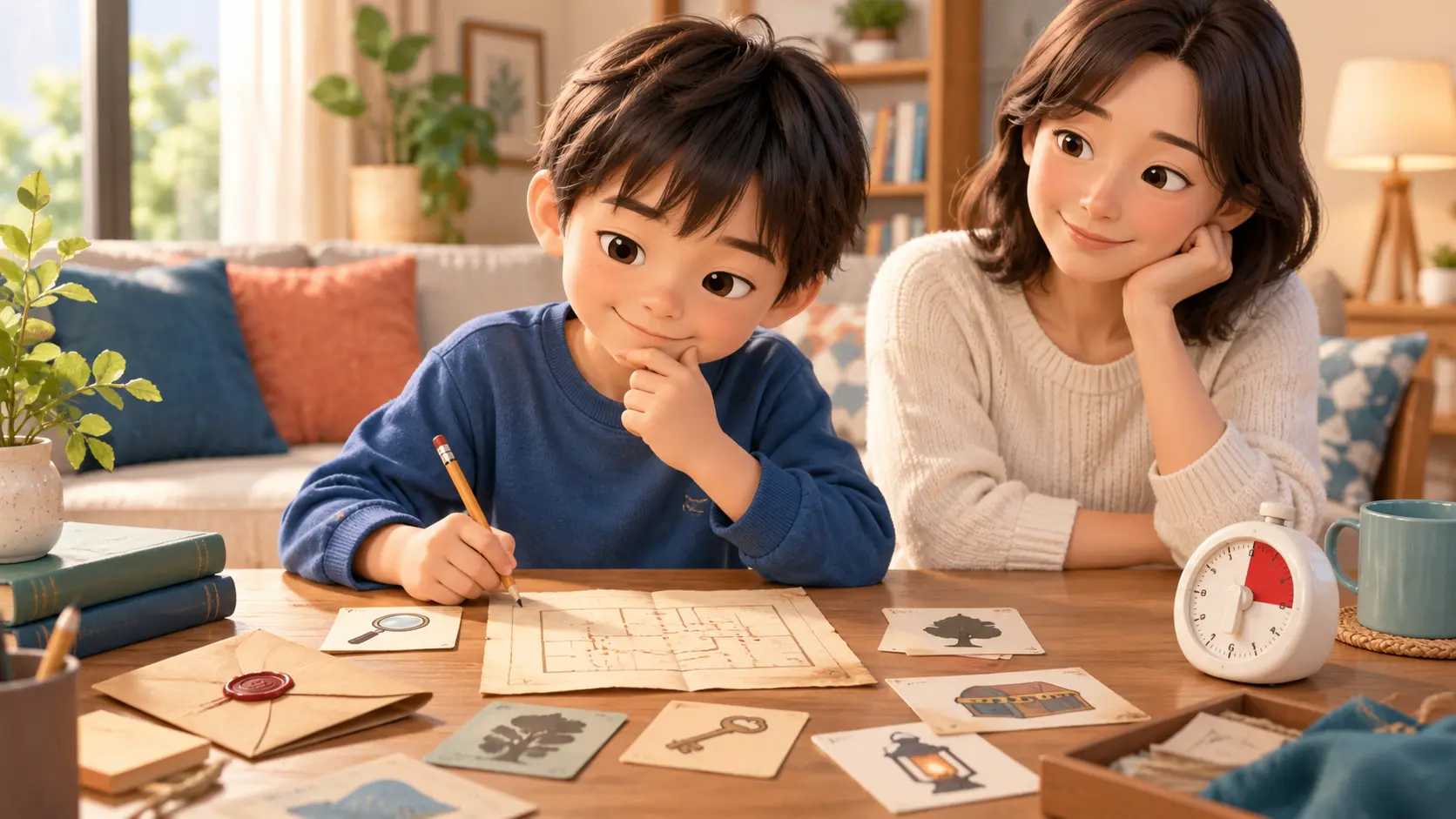 家庭でタイマーを横に置き紙の謎解きを考える小学生と保護者