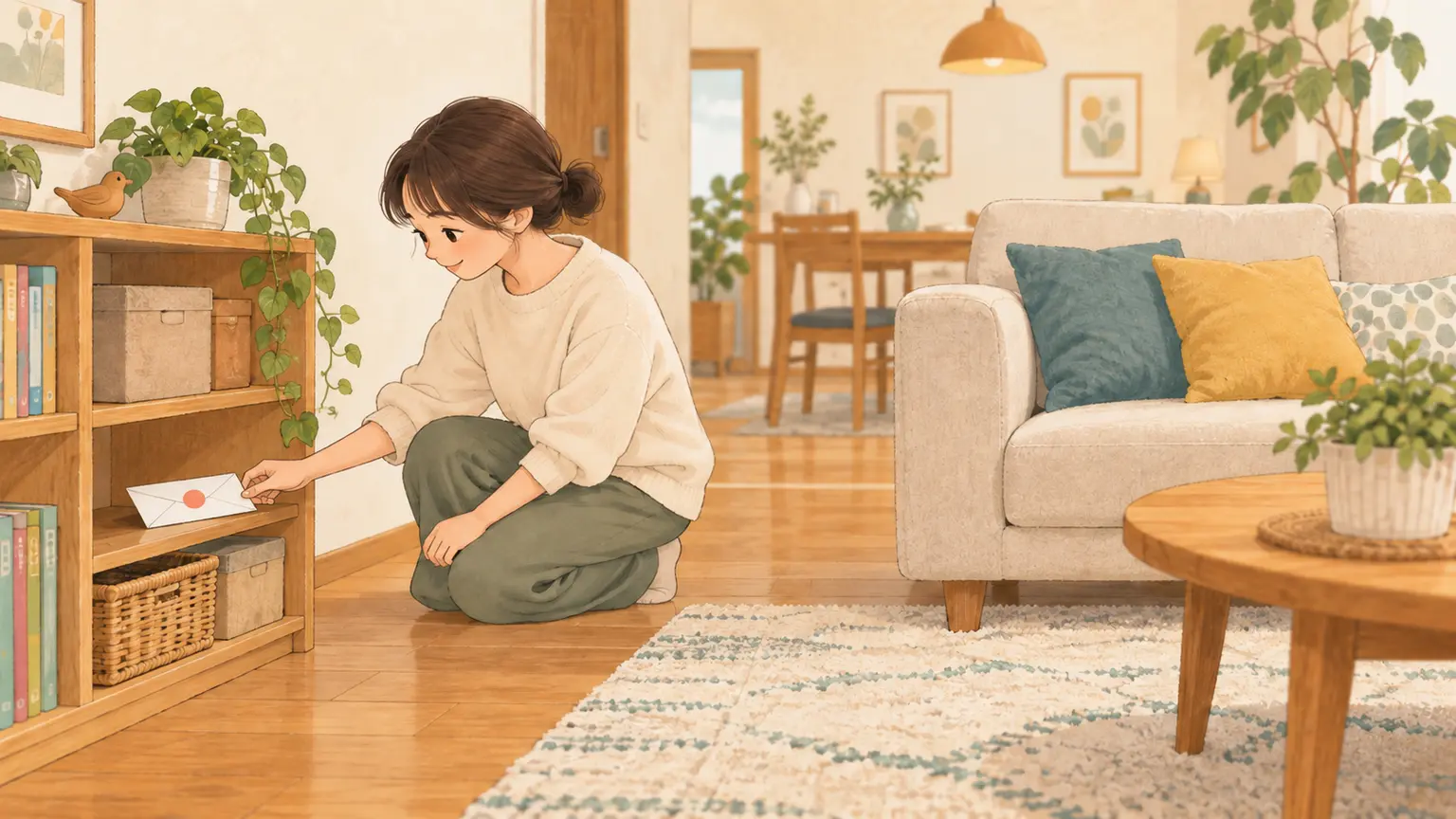 低い棚へ封筒を置き、立つ位置からの見え方を確かめる保護者