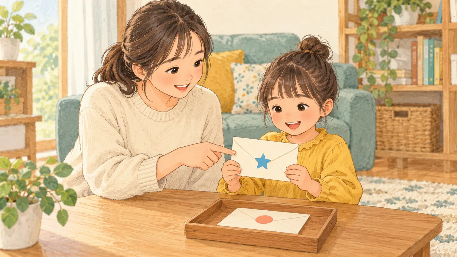 青い星の封筒を親子で確認しながら家の宝探しを進める様子