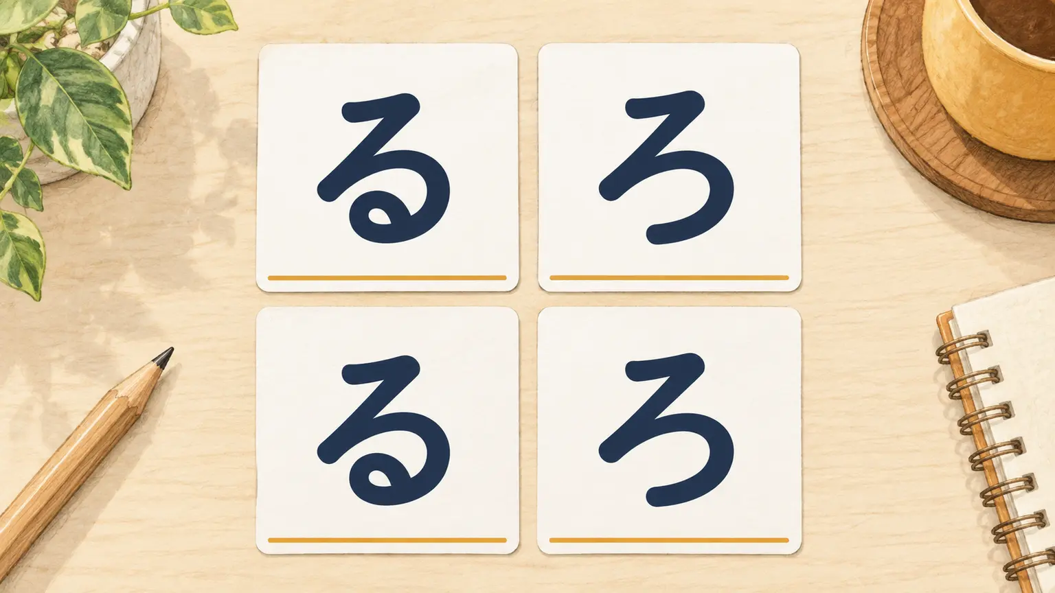 るとろを二枚ずつ、同じ向きと大きさで並べた四枚の文字カード
