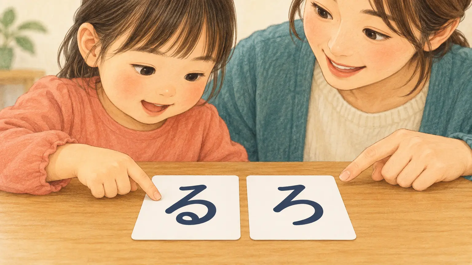 るとろのカードを指さし、文字の形を見比べる親子