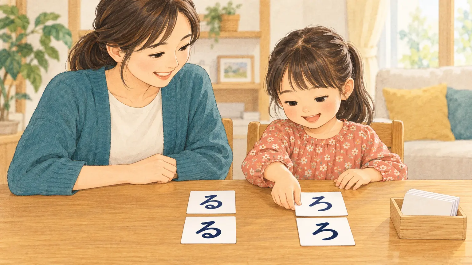 表向きのるとろの見本の下へ同じ文字のカードを置いて遊ぶ子ども