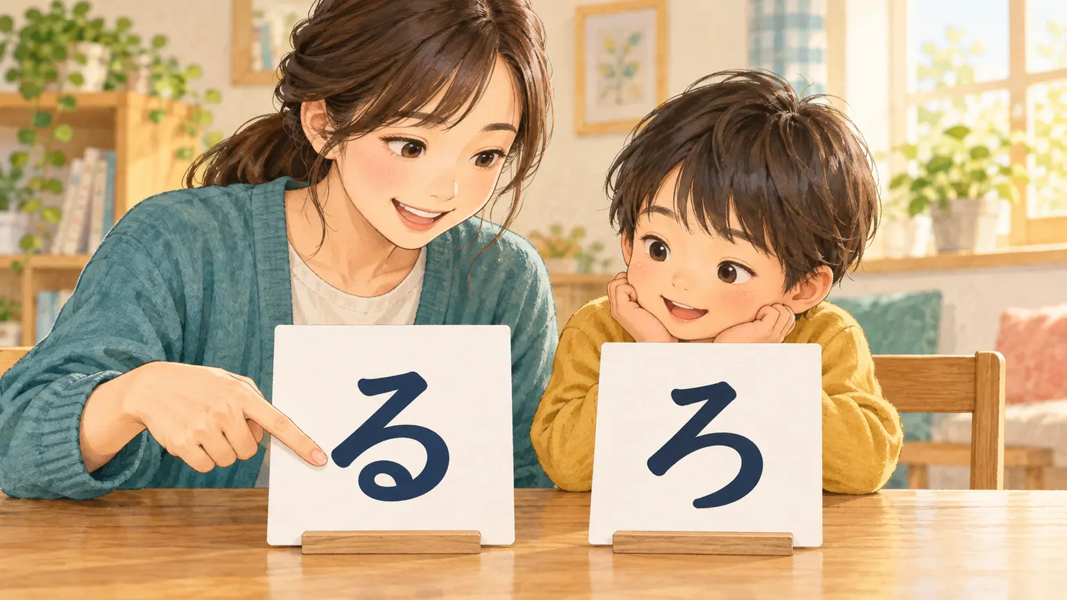 るとろの大きな文字カードを横に並べて比べる親子