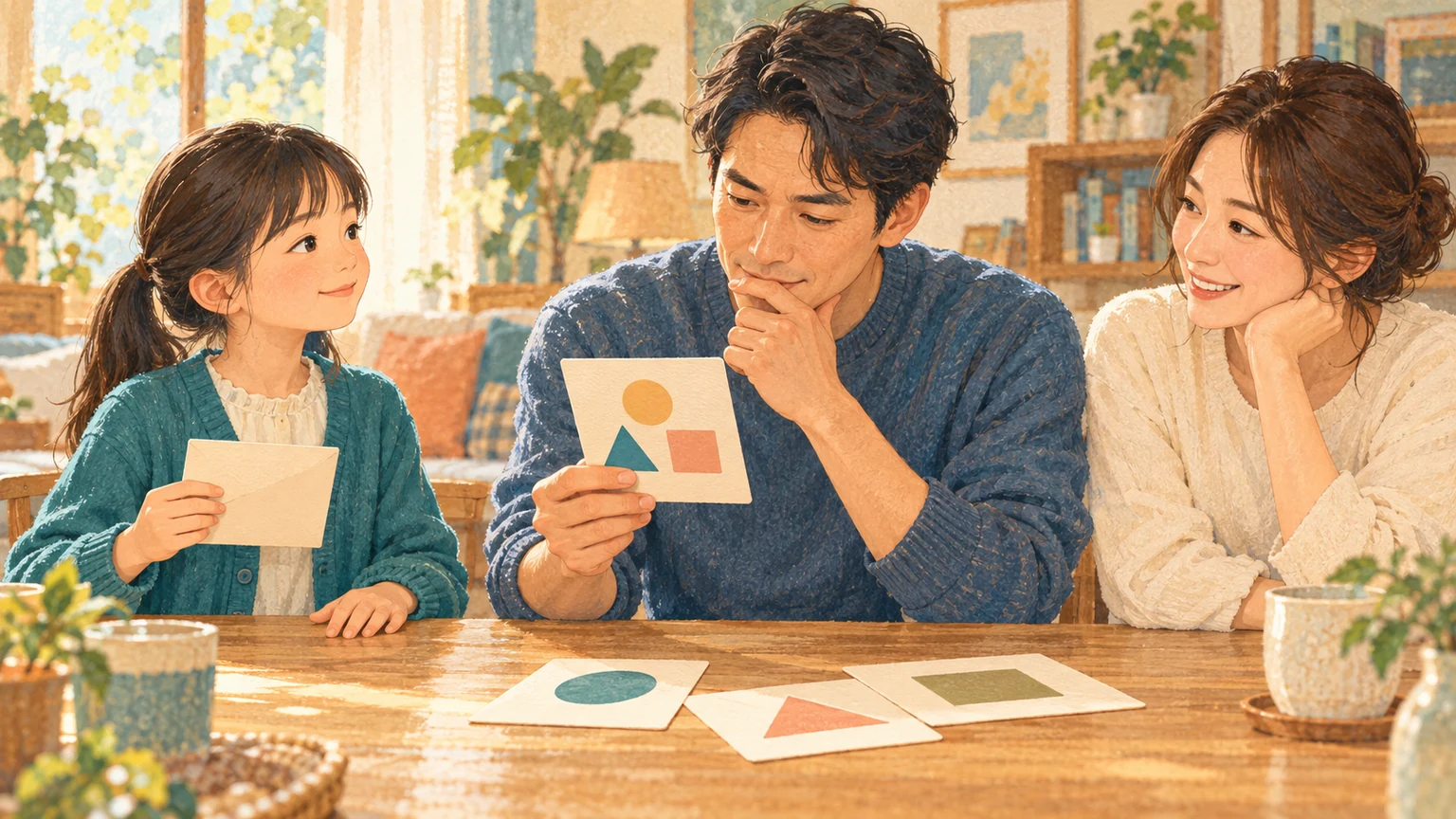 進行役の子どもがカードを持ち、考えている家族を待つ様子