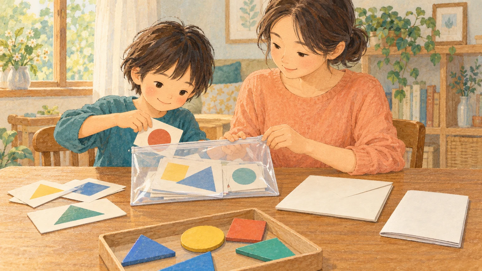 使ったカードと説明書を封筒や透明な袋へ分けて片づける親子