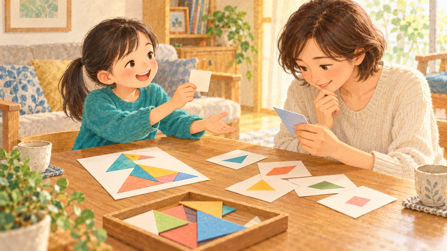 答えを知った子どもが進行役になり、家族と紙の謎解きを楽しむ様子
