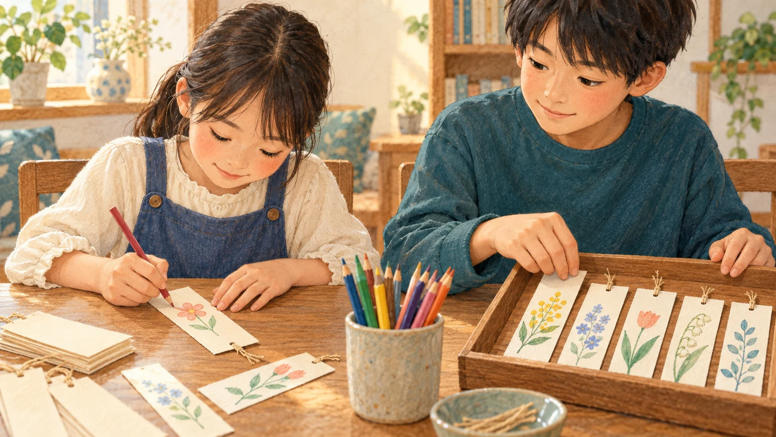 一人がしおりを仕上げ、もう一人がトレーへ並べて作業をつなぐ様子