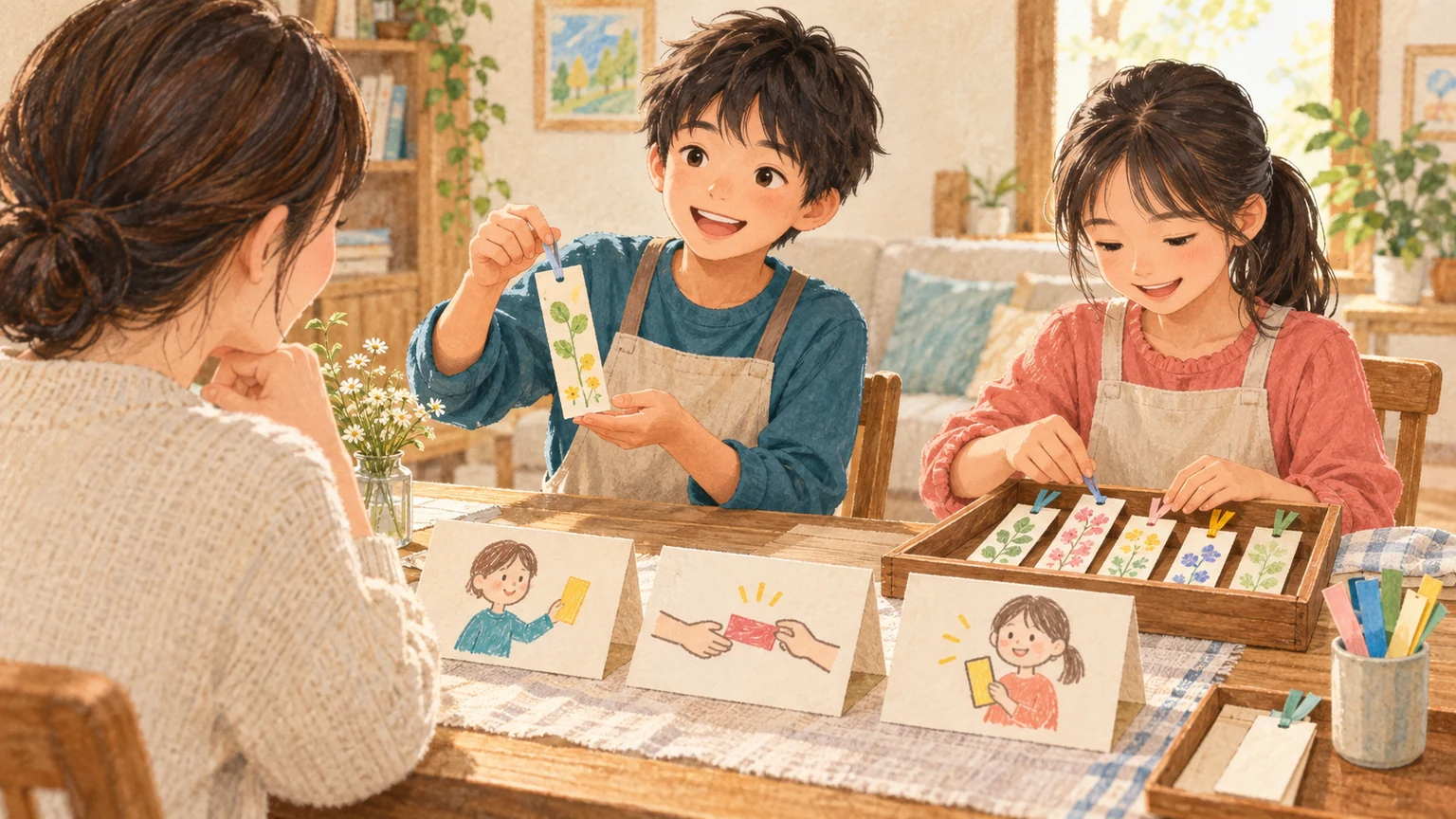 家族のお店でしおりを説明する子と品物を並べる子が協力する様子