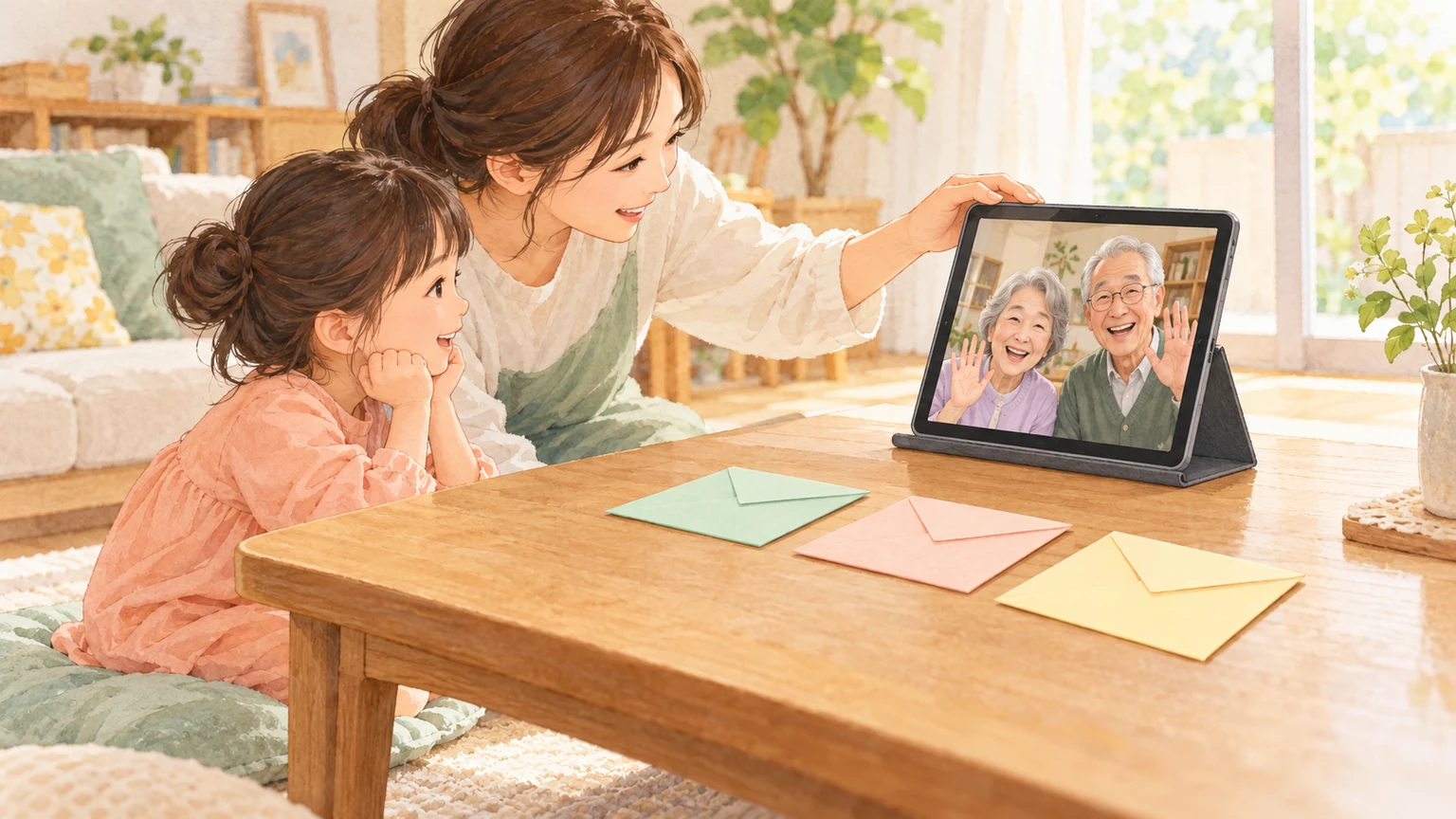 通話用のタブレットを台に固定し、親子で祖父母との映り方を確認する様子