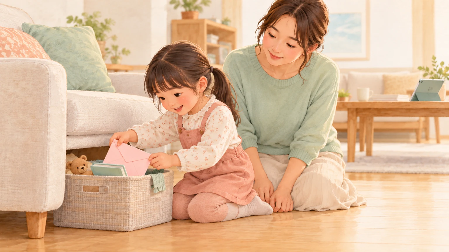 親がそばで見守る中、子どもが低いかごから手がかりの封筒を見つける様子