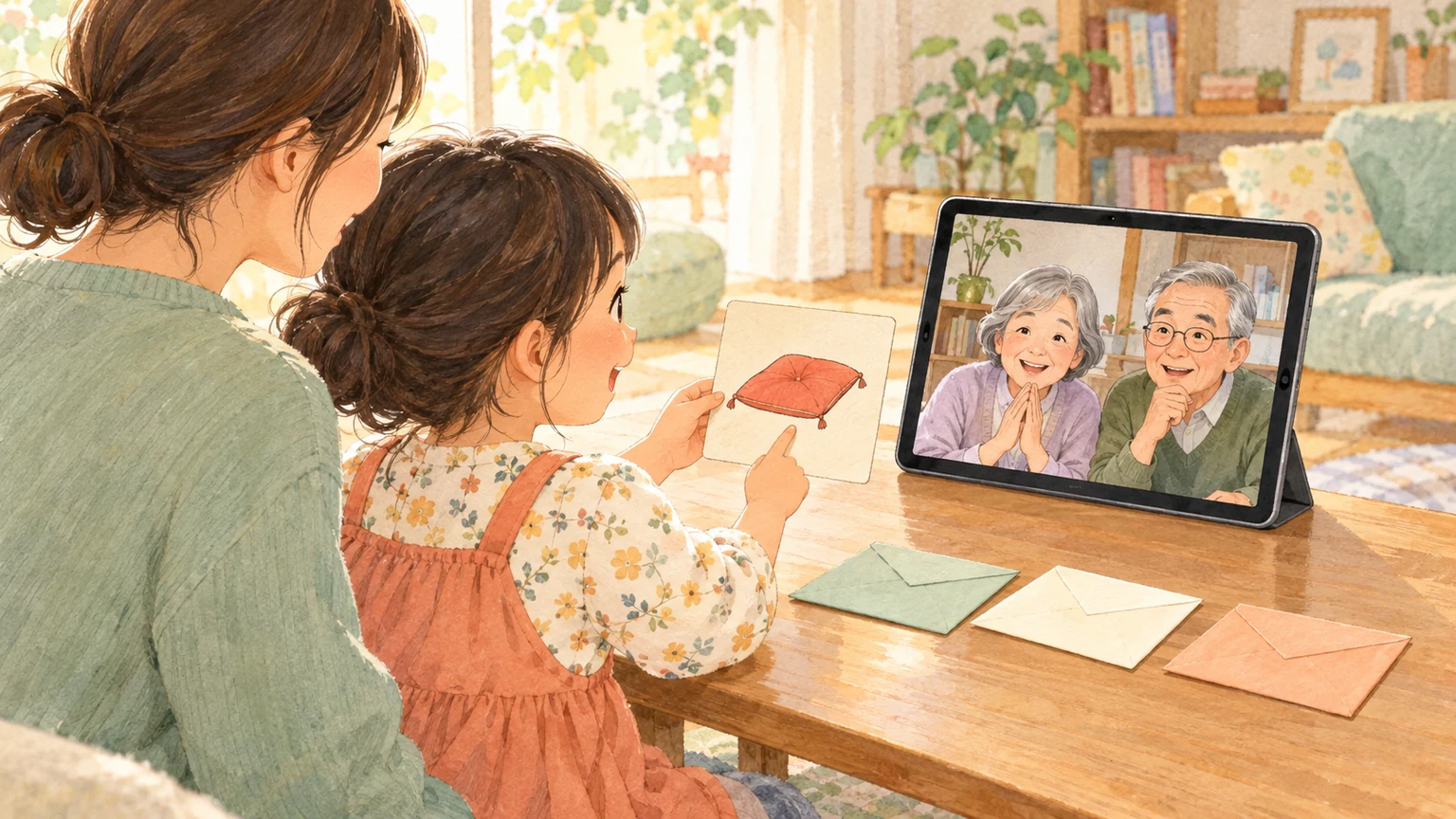 見つけたカードを画面の前で見せ、祖父母へ説明する子どもと見守る親