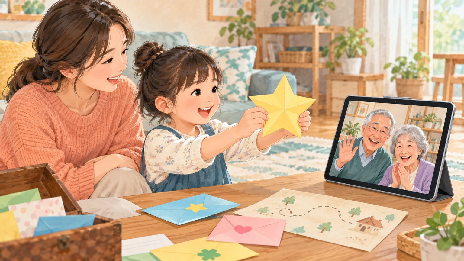 見つけた紙の星をビデオ通話中の祖父母へ見せる子どもと、そばに座る親
