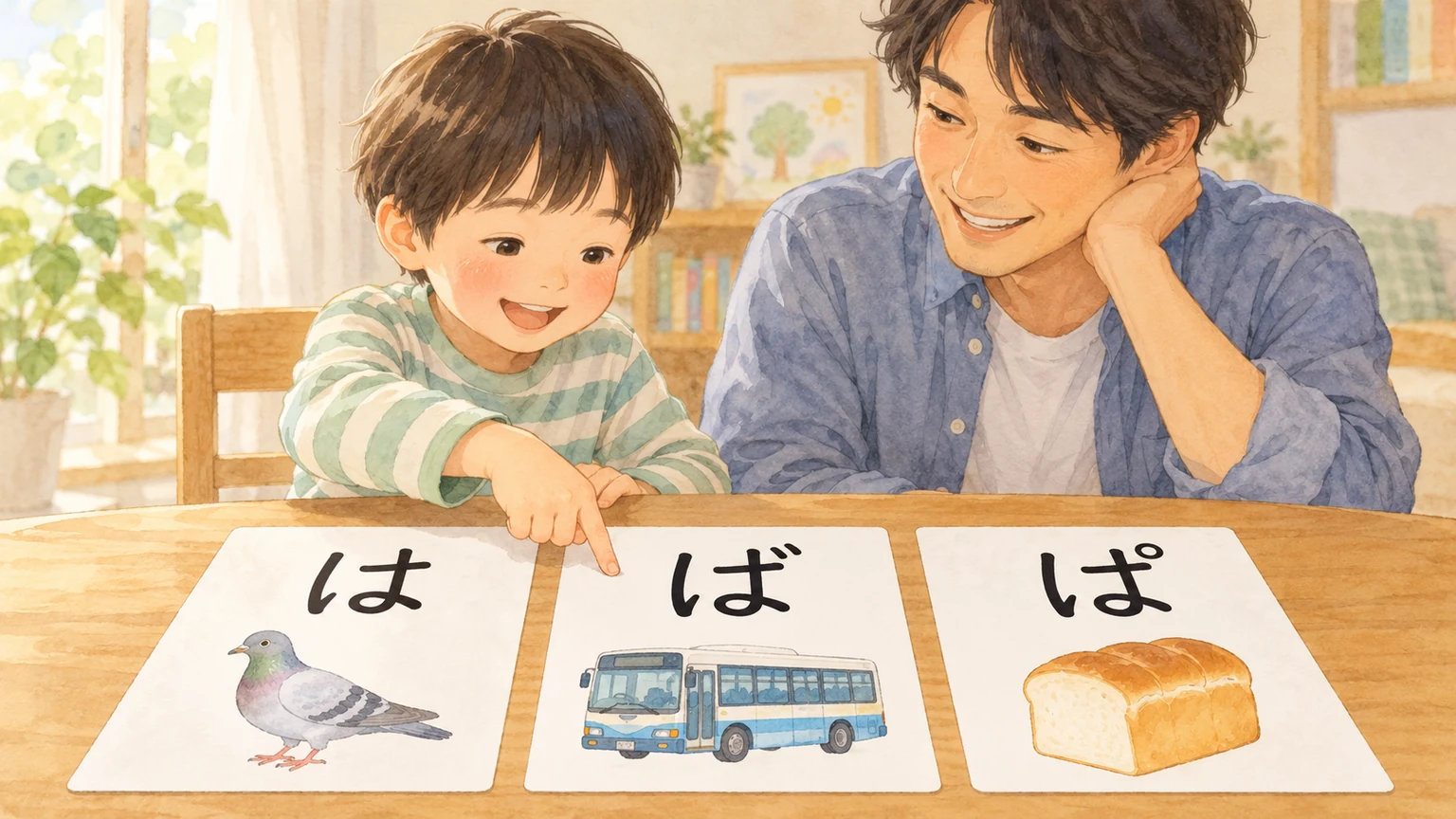はと・ばす・ぱんの絵を添えたカードを指し、親子で最初の文字を確かめる様子
