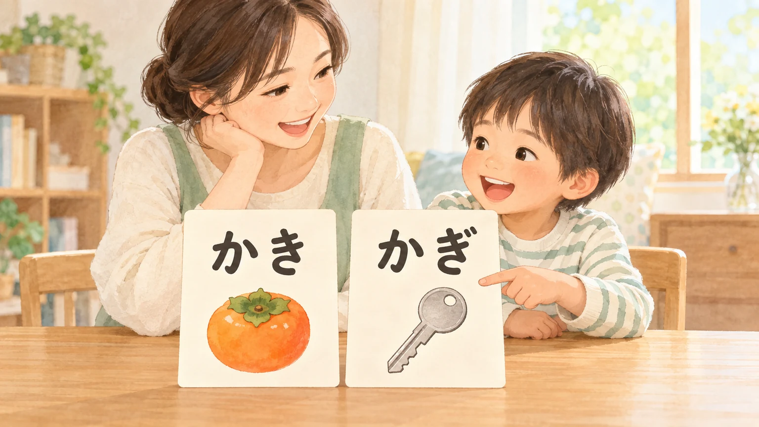 かきとかぎの文字と絵を親子で比べ、変わった文字を指す様子