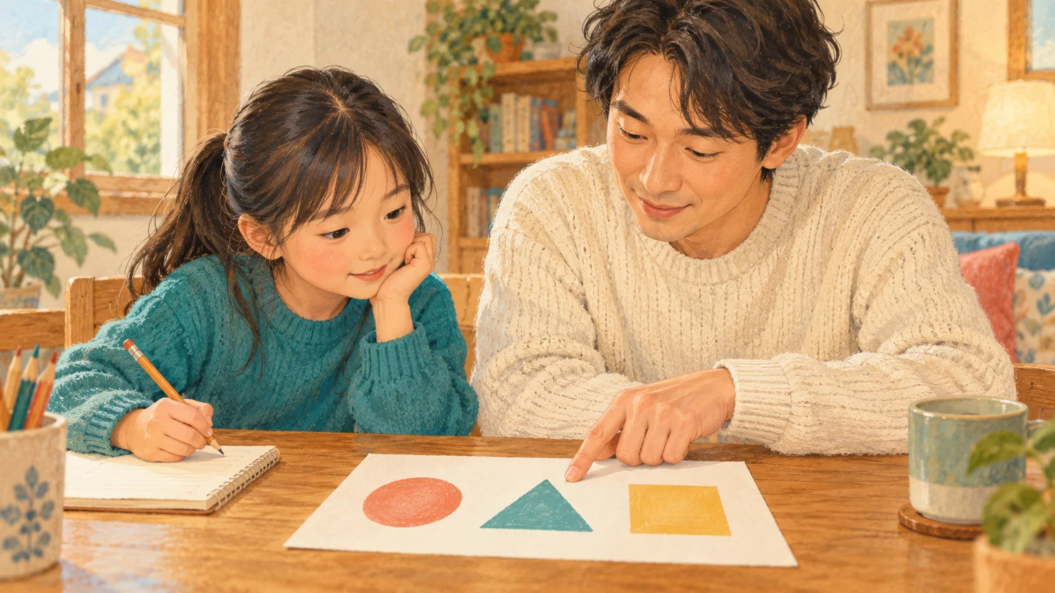 子どもが作った紙の謎を親が試しに解き、迷った場所を伝える様子